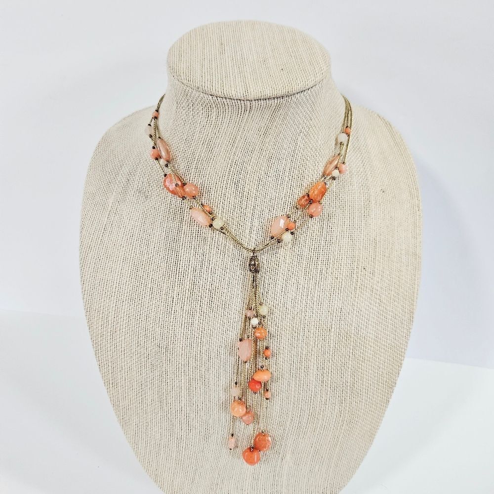 Vintage You & I Coral Tones Tassel Beaded Y-Drop Multi-Strand Lariat Necklace